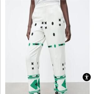 Zara White & Green Geometric Embroidered Linen Pants Small Coastal Bohemian